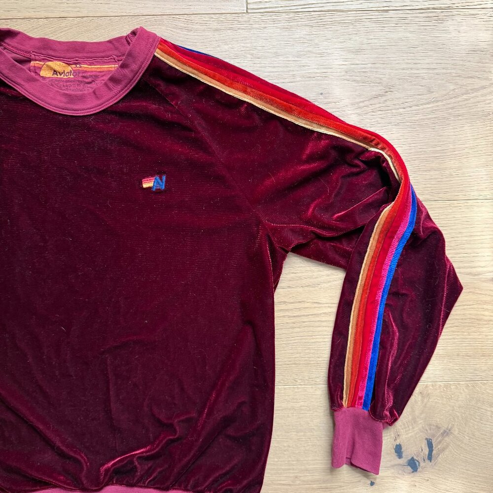 Aviator Nation Burgundy Velvet Rainbow Stripe Tracksuit Set Made in USA - Picture 2 of 6